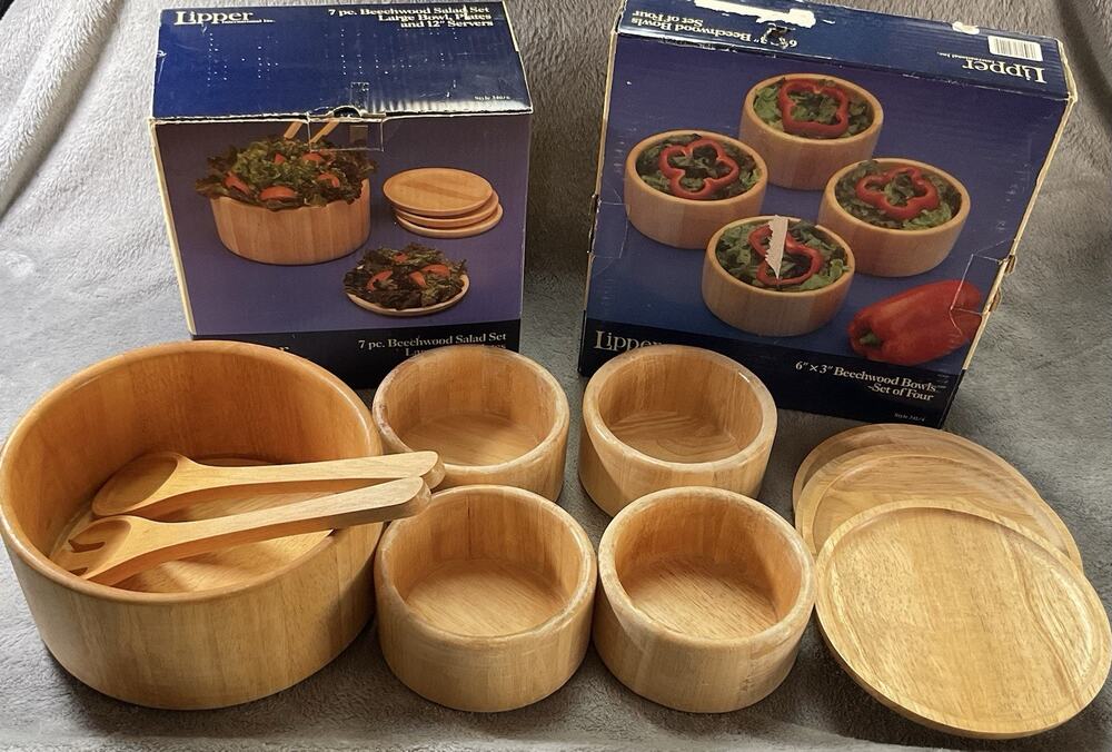 Kipper Dolphin Beechwood Salad Set 11 Pc Vintage Wood Bowls Plates Thailand